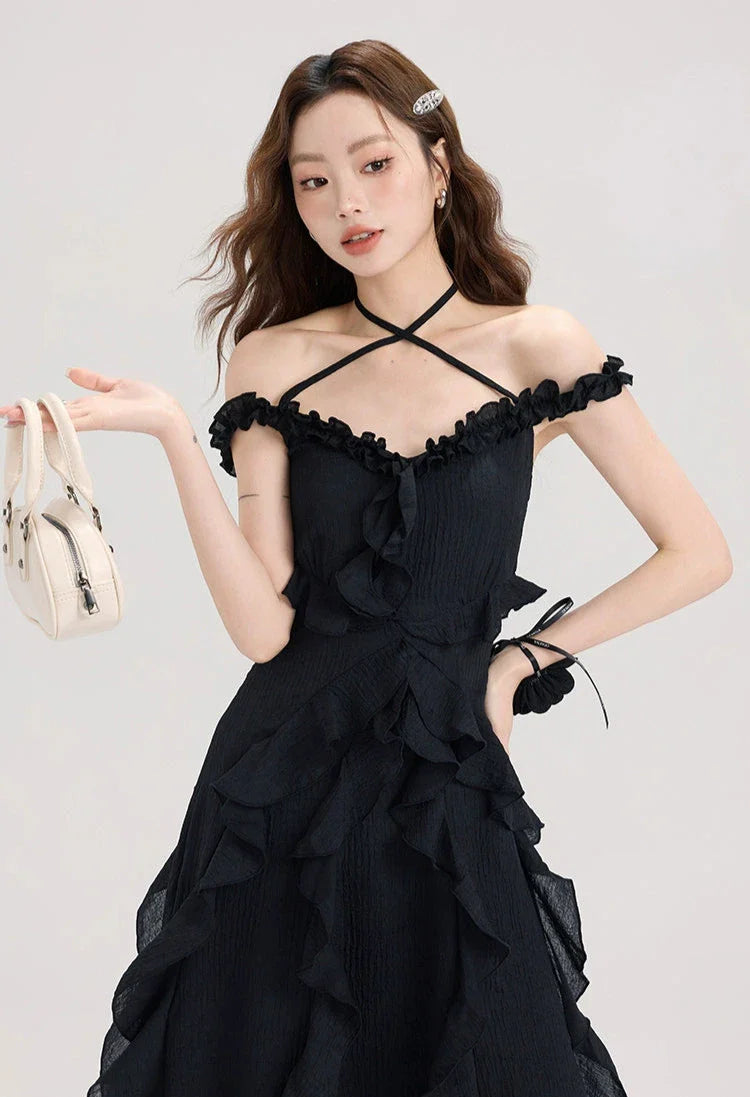 Black Ruffle Asymmetric Halter Dress