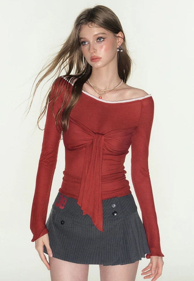 Red Long Sleeves Off-Shoulder Tie-Front Top