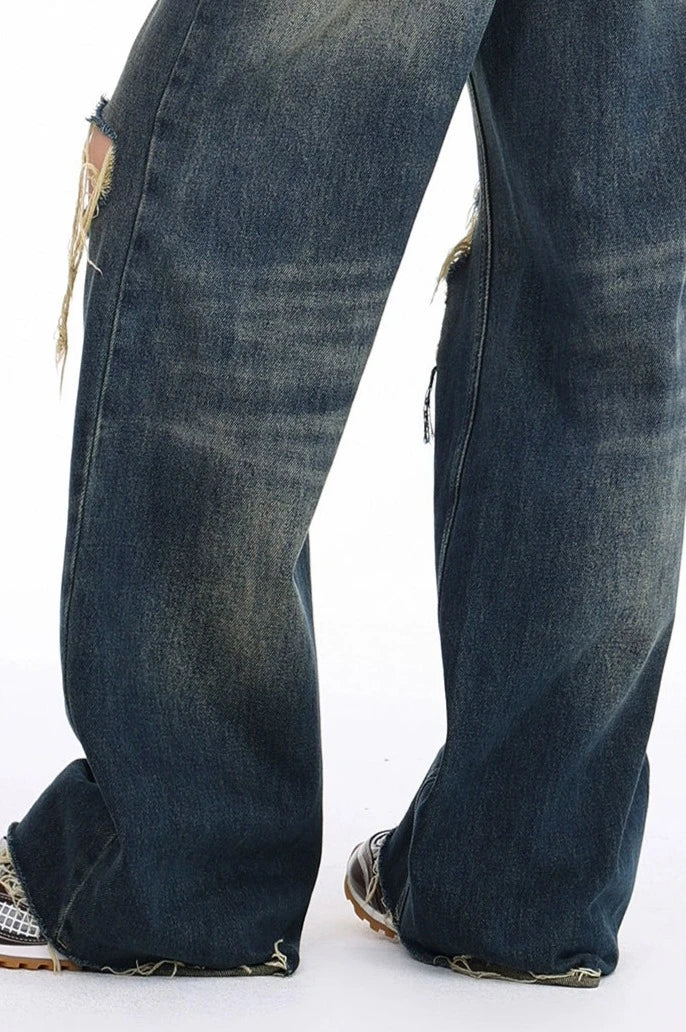 Distressed Raw Hem Dark Wide Leg Jeans