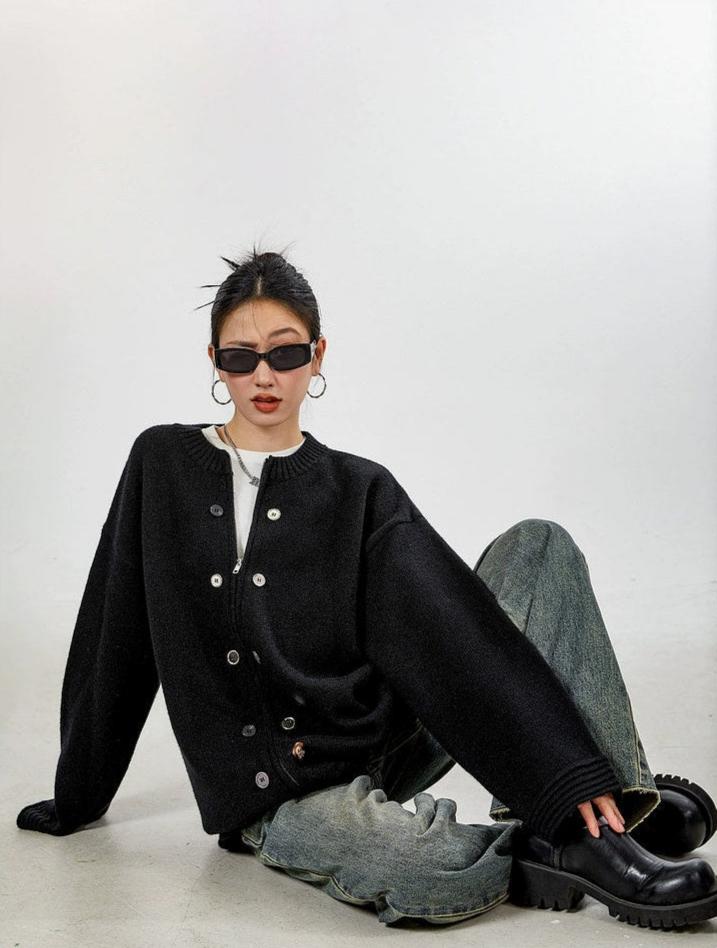 Ribbed Trim Oversized Button Zip Knit Cardigan