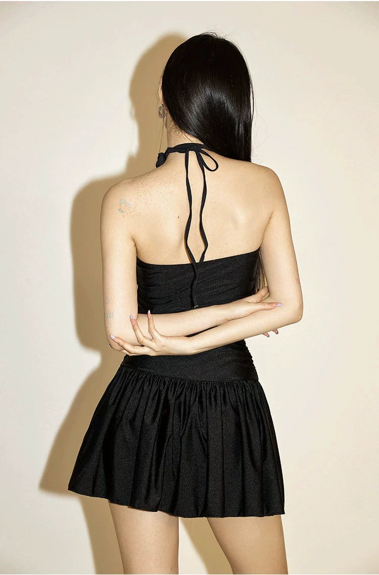Black Ruched Halter Mini Swimdress