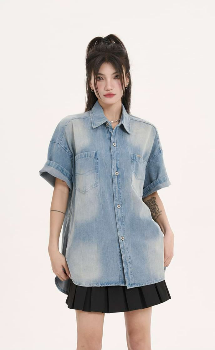 오버사이즈 페이디드 데님 버튼 셔츠