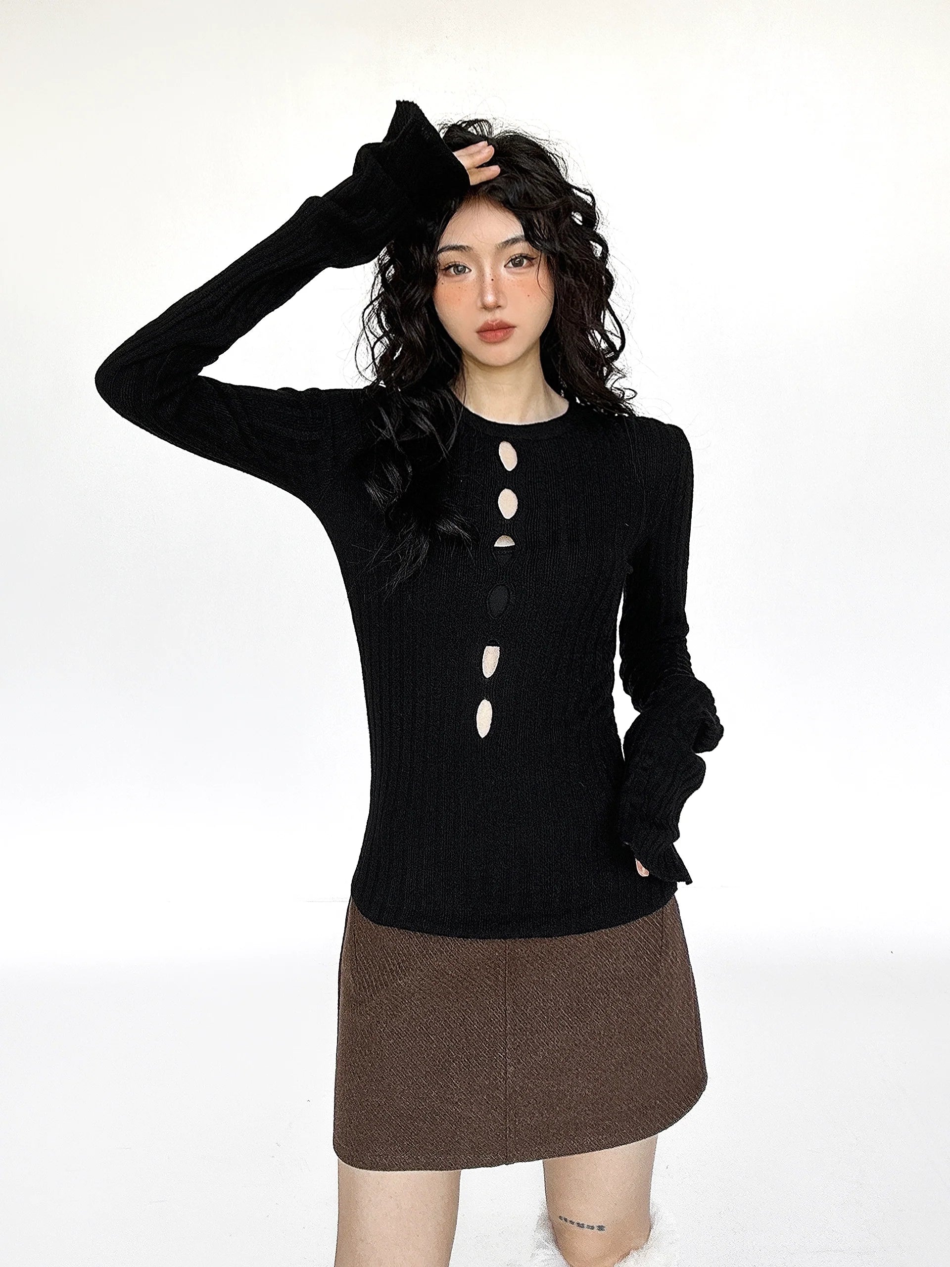 Cutout Ribbed Bell Sleeve Top