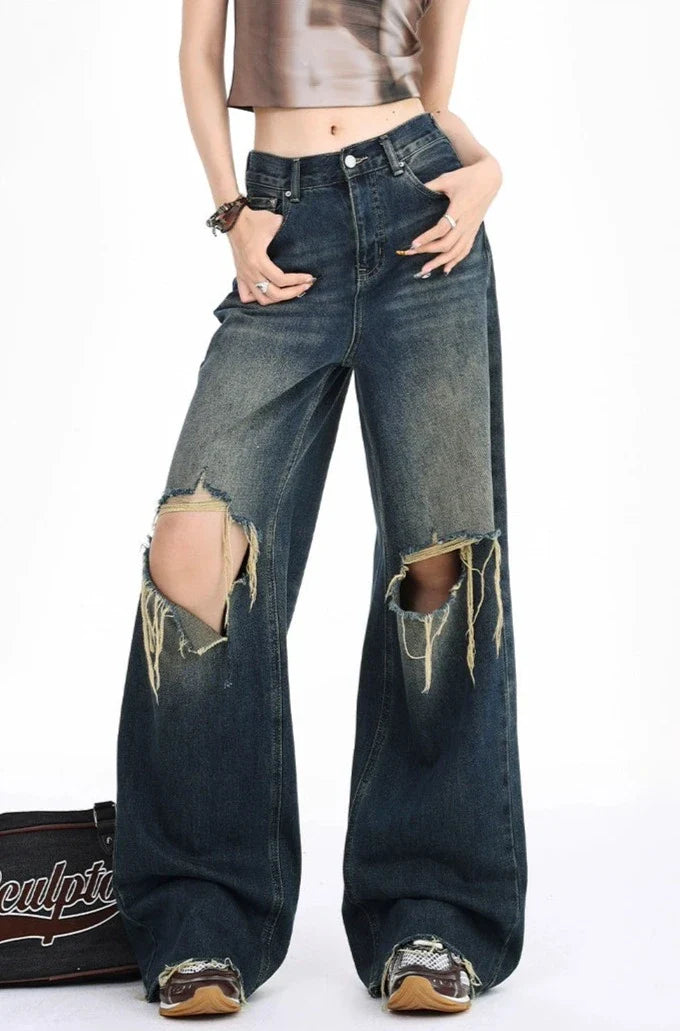 Distressed Raw Hem Dark Wide Leg Jeans