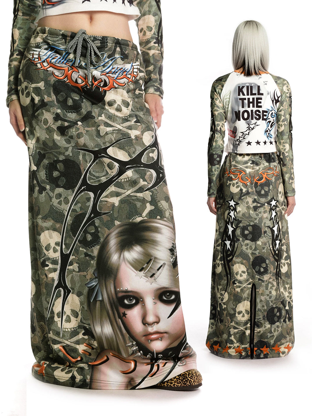 Skull Camouflage Drawstring Maxi Skirt - View 3