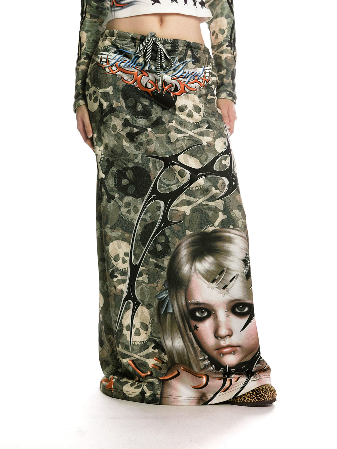 Skull Camouflage Drawstring Maxi Skirt - View 5