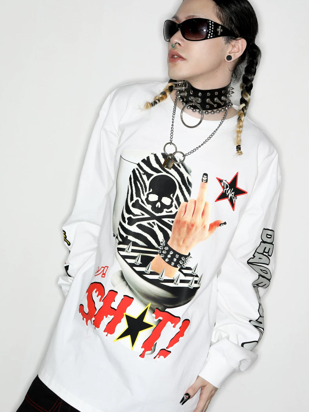 Punk Skull Graphic Oversized Long-Sleeve T-Shirt - View 10