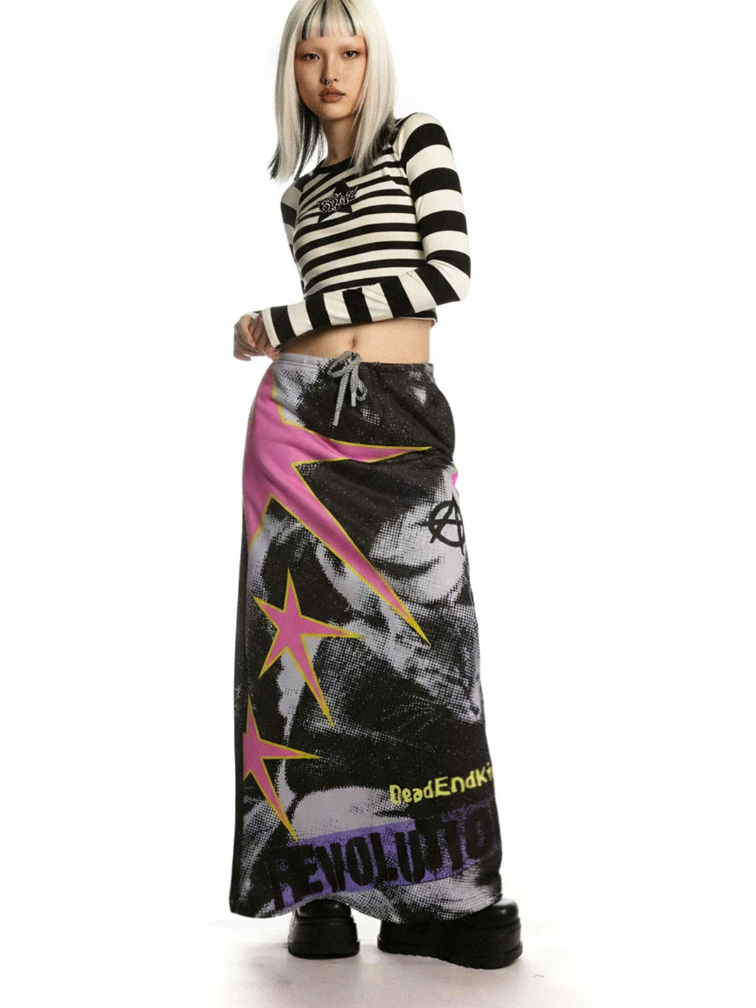 Punk Star Print Drawstring Maxi Skirt - View 5