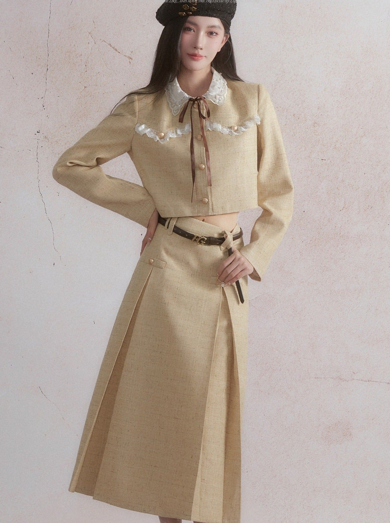 Veste de récolte vintage prairie chic et ensemble de jupe midi midi en ligne - blé doré