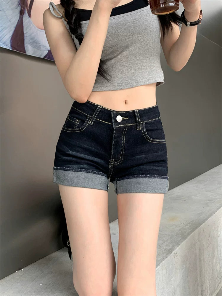 Dark-Wash Cuffed Denim Micro Shorts product view 5