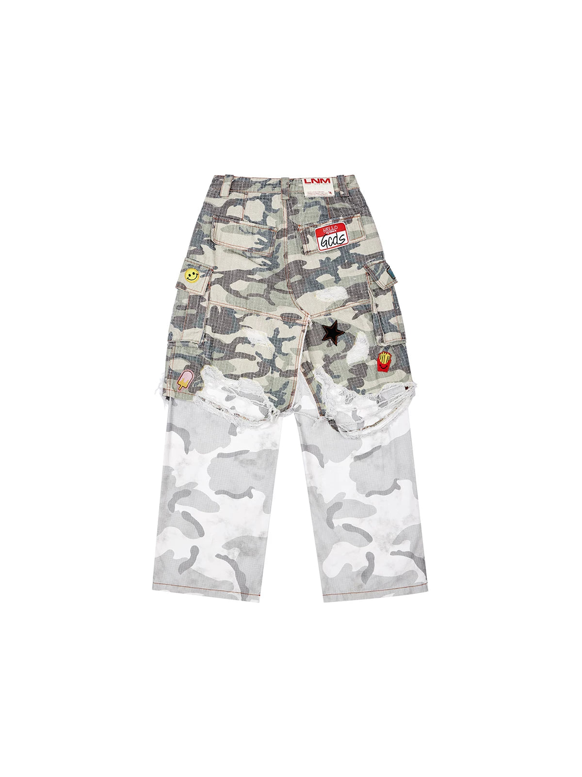 Distressed patchwork camouflage cargo pants back view