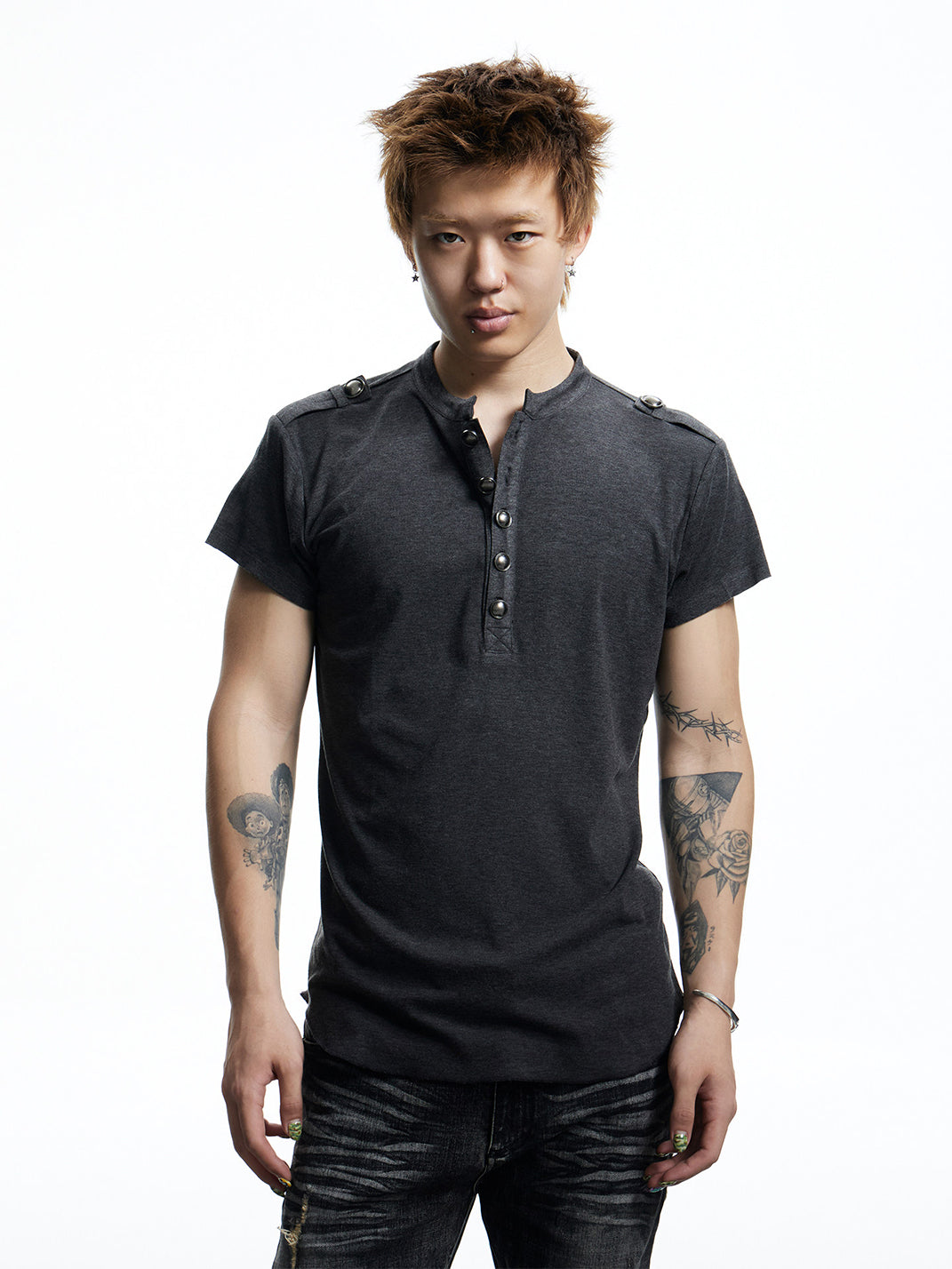 Metal-Button Henley Knit T-Shirt - View 2