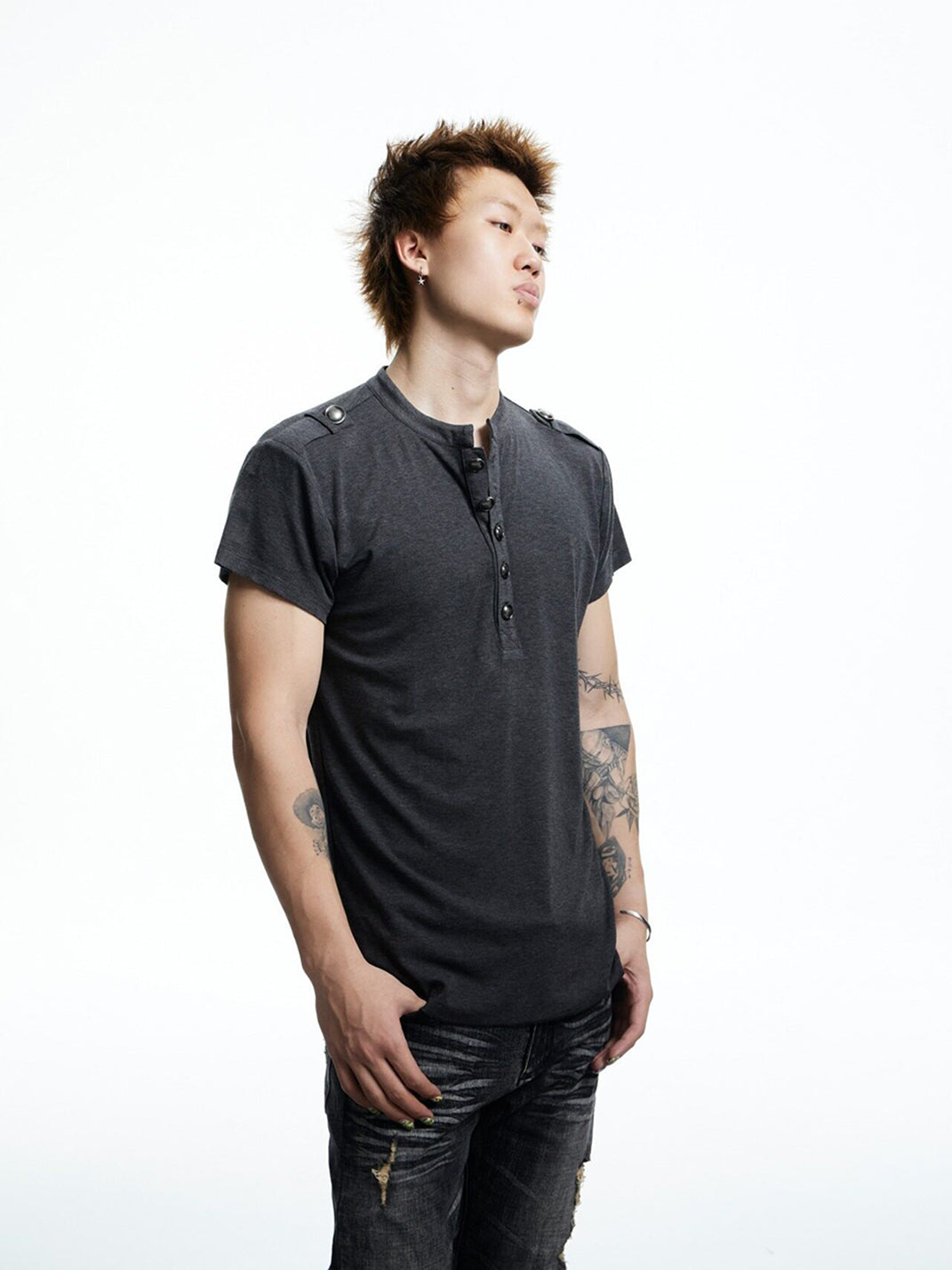 Metal-Button Henley Knit T-Shirt - View 3