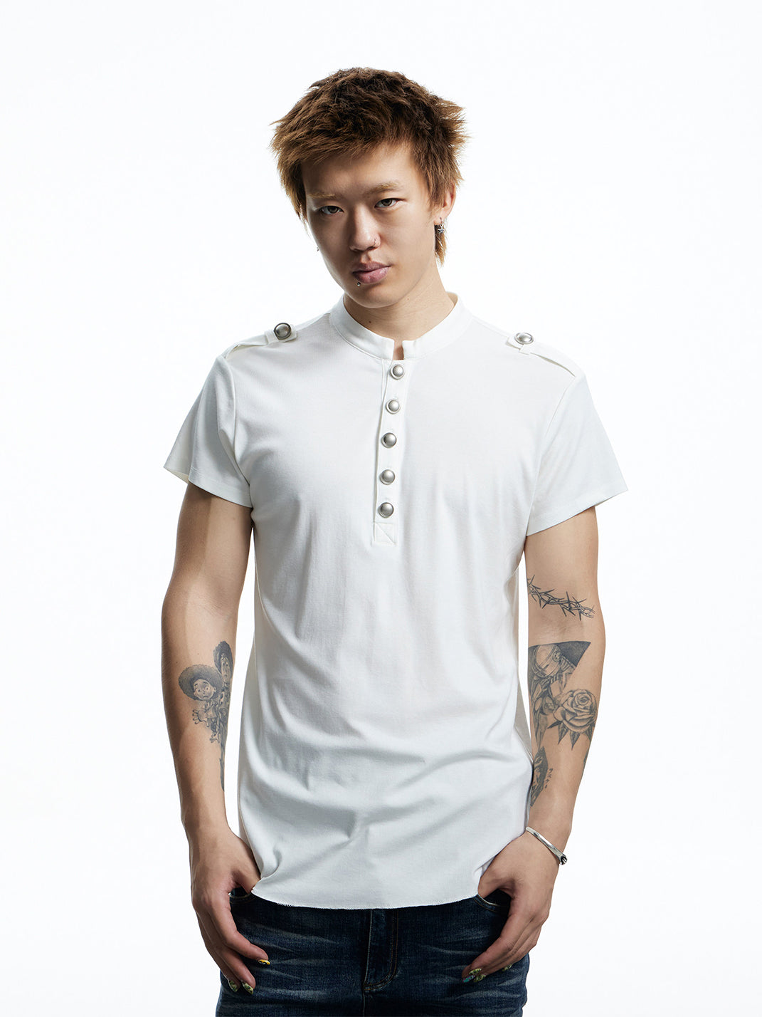 Metal-Button Henley Knit T-Shirt - View 9