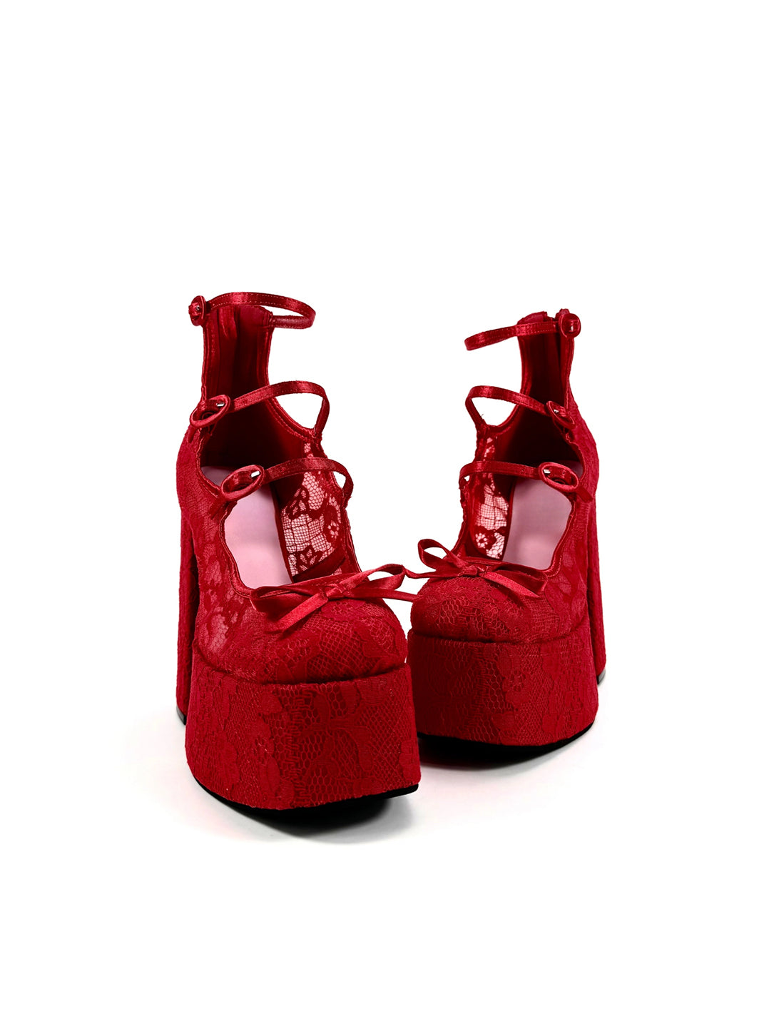 Red Lace-Up Platform Block Heels - View 9