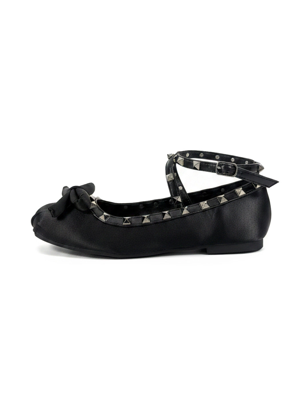 Studded Bow-Lace Satin Ballet Flats