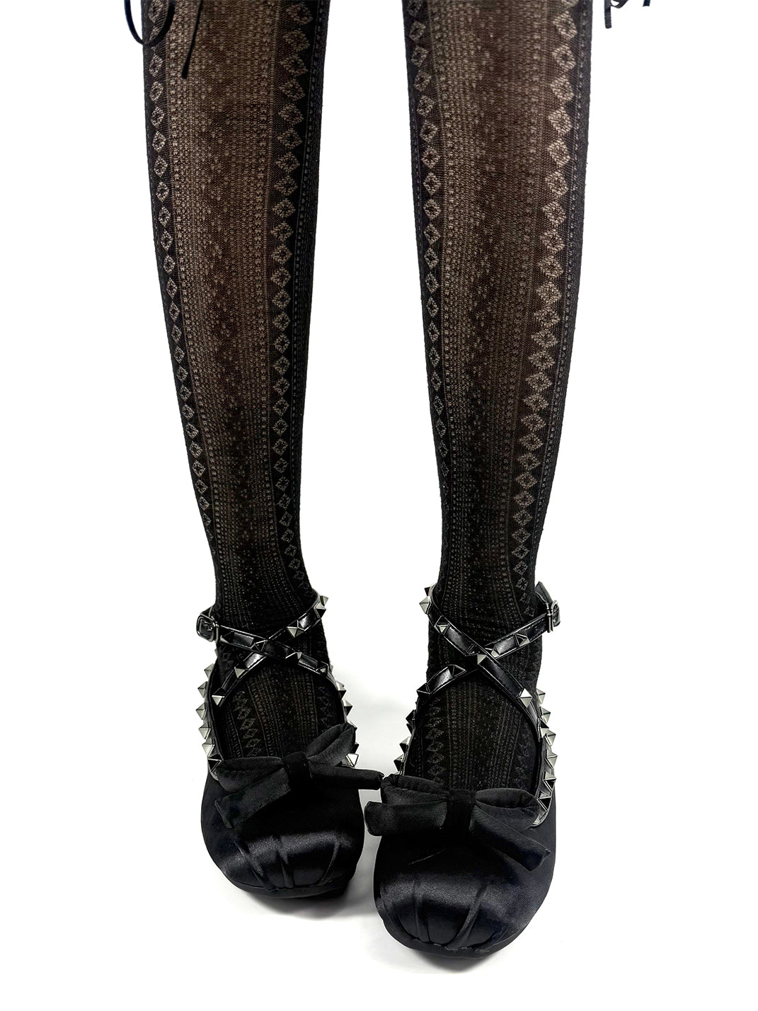 Studded Bow-Lace Satin Ballet Flats - View 2