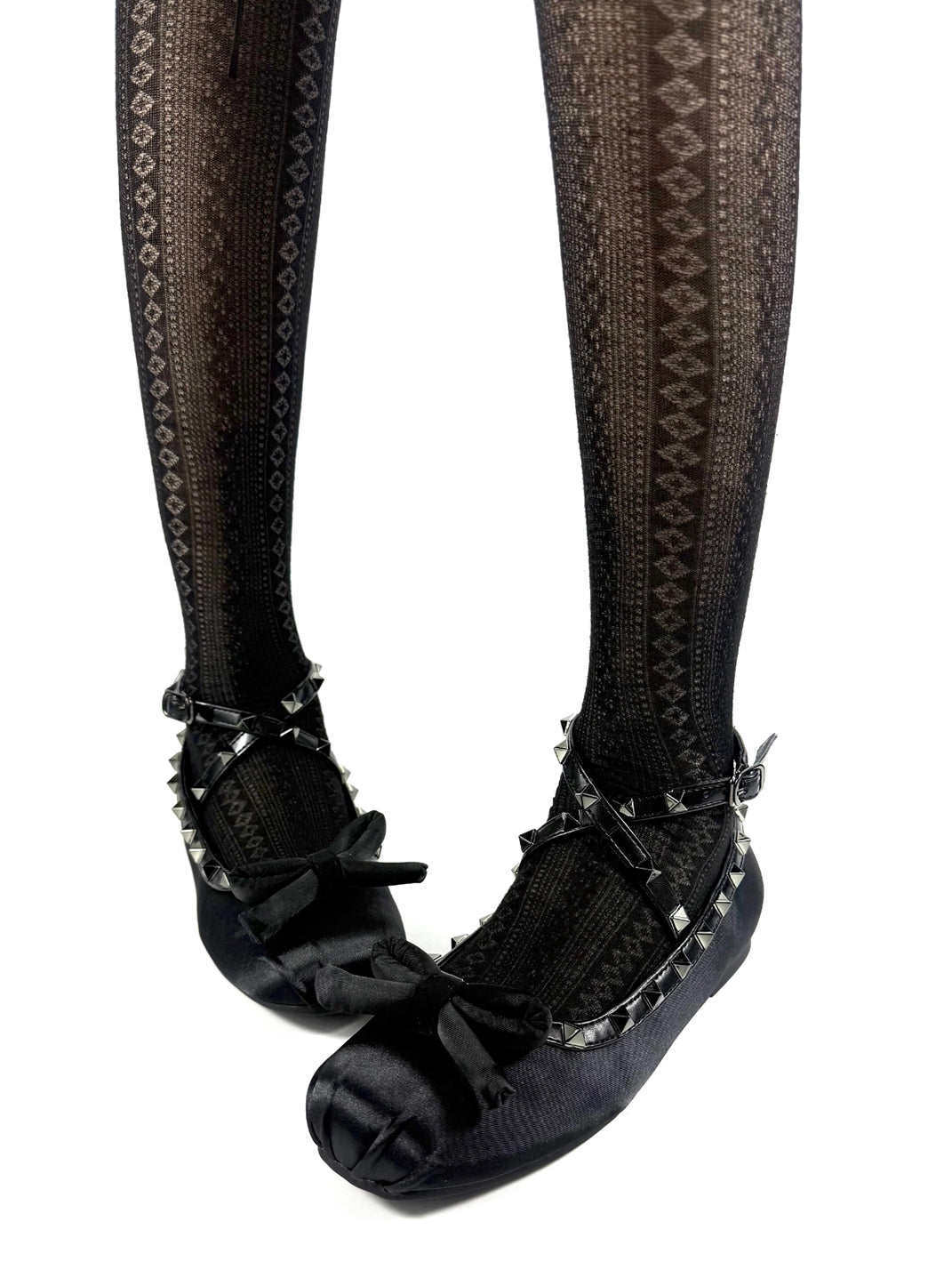 Studded Bow-Lace Satin Ballet Flats - View 3