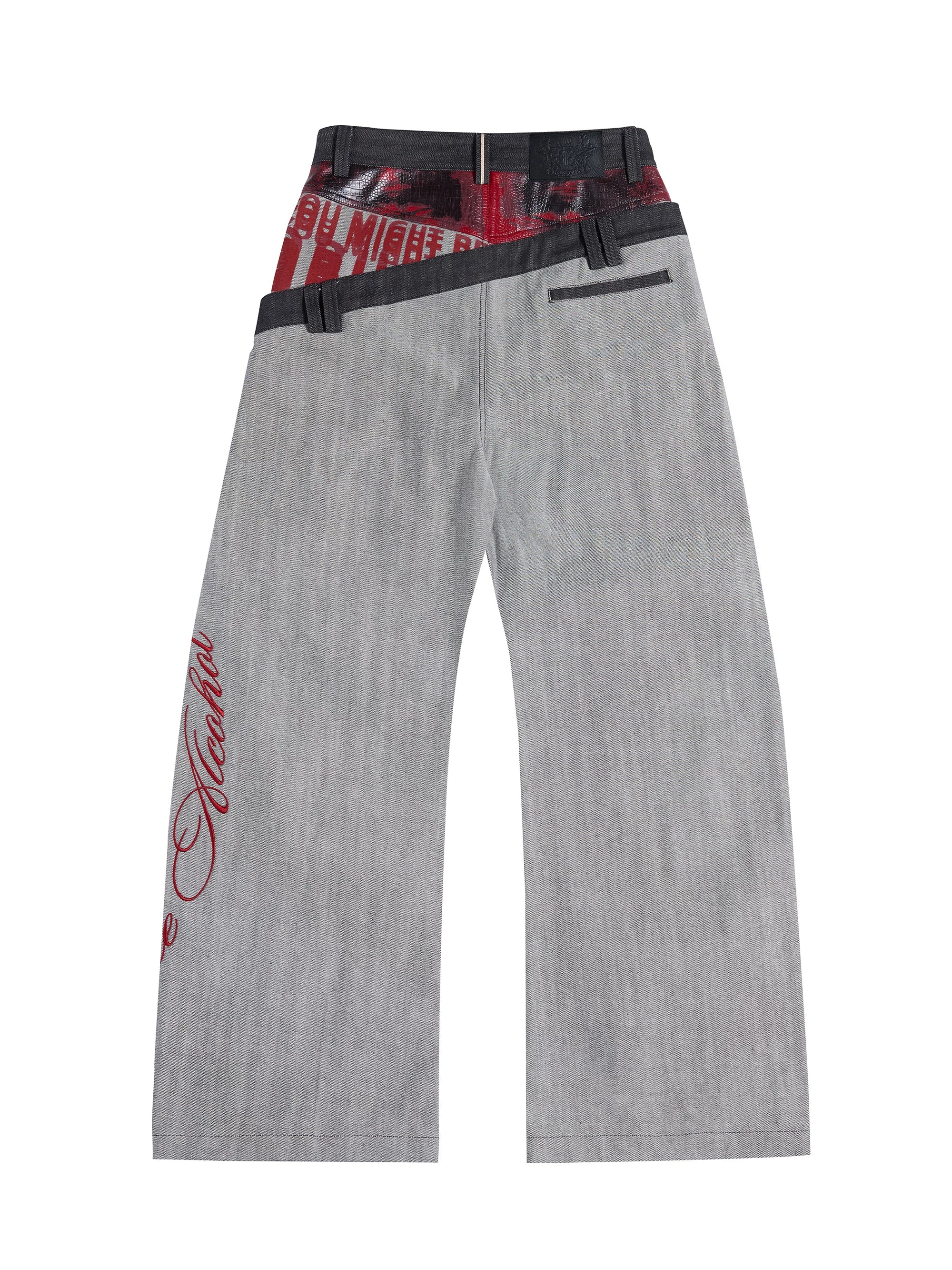 Double-waist gray curve-leg jeans back view