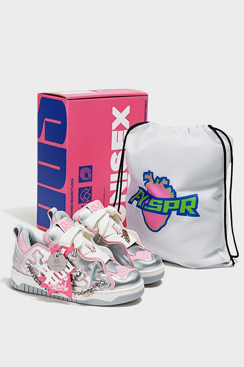 Silver Pink Chain Detail Platform Sneakers