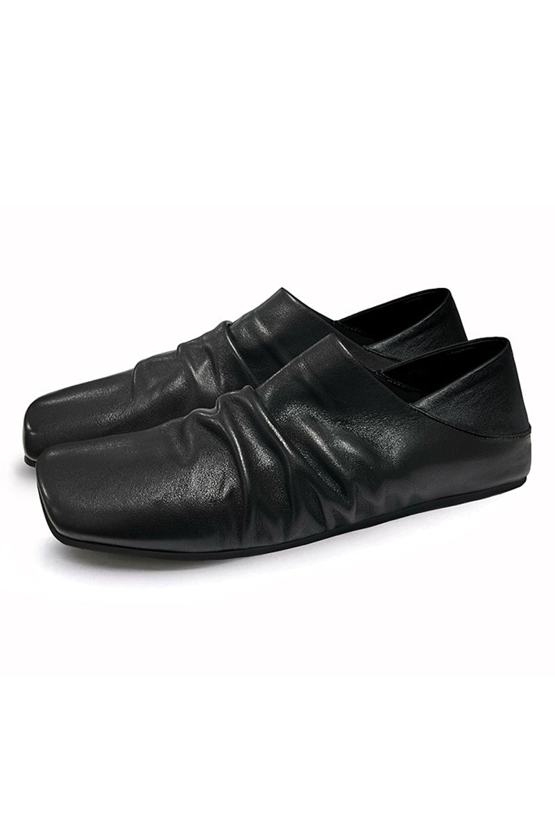 Black Leather Ruched Mules