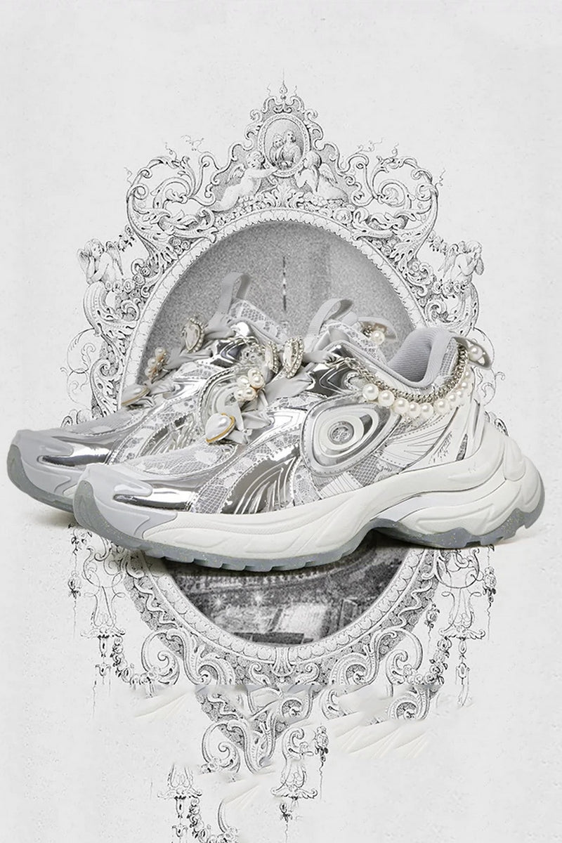Pearl Decorated Metallic Chunky Sneakers Silver White