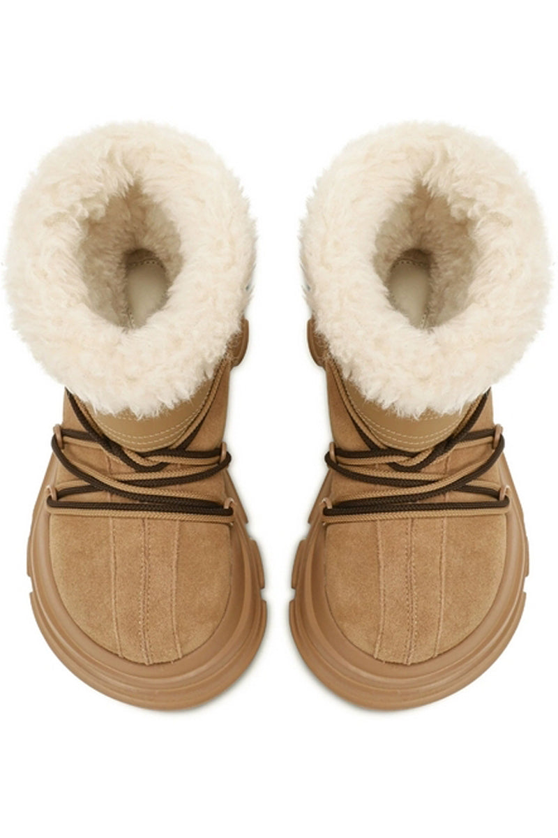Tan Suede Winter Boot with White Faux Fur Trim