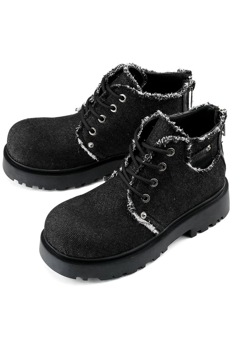 Distressed Denim Combat Boots