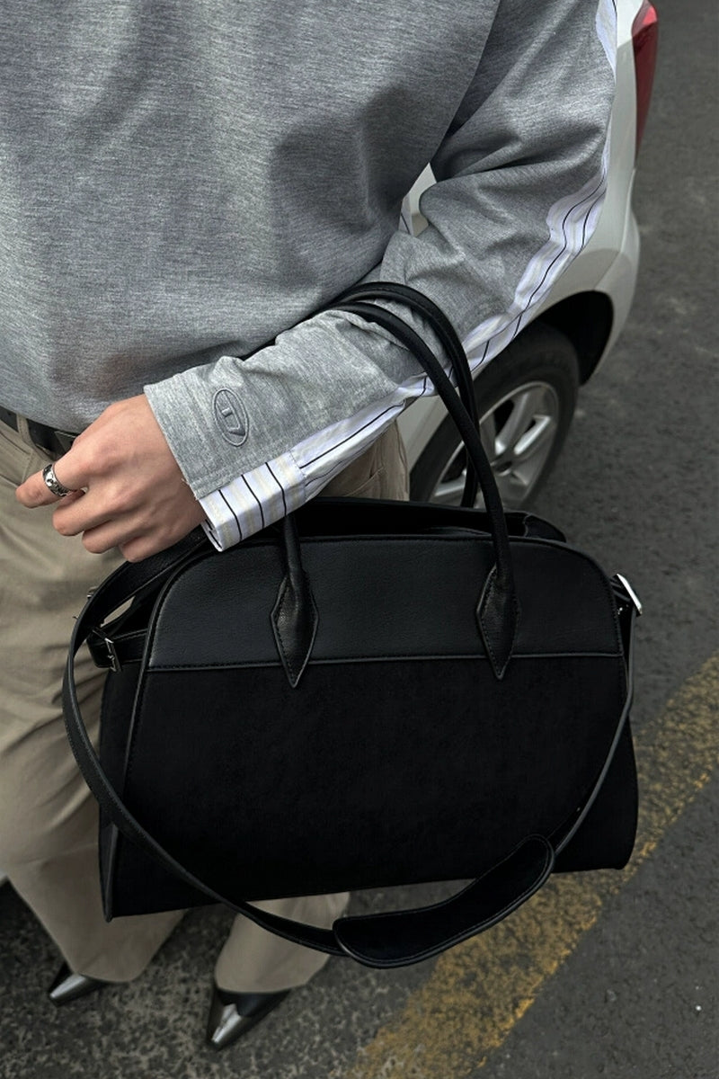Luxe Patchwork Suede Tote - Black Elegant Handbag with Dual Handles