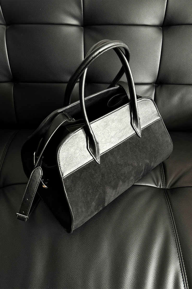 Luxe Patchwork Suede Tote - Black Elegant Handbag with Dual Handles