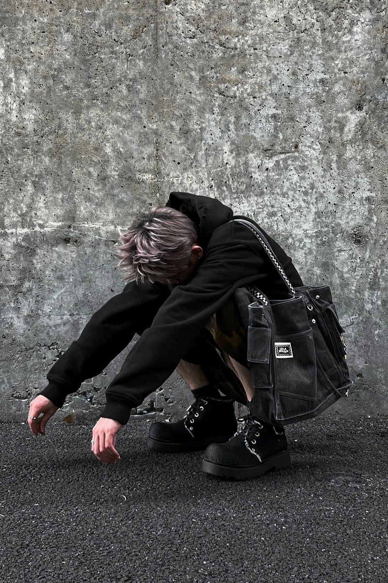 Distressed Denim Combat Boots