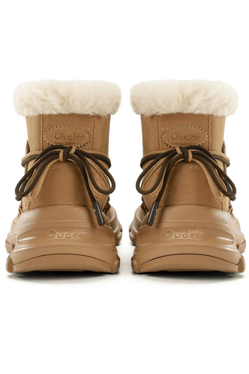 Tan Suede Winter Boot with White Faux Fur Trim