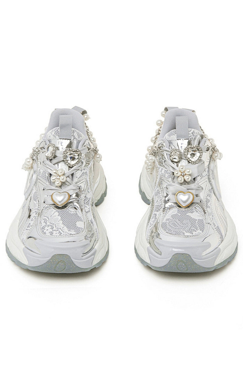 Pearl Decorated Metallic Chunky Sneakers Silver White