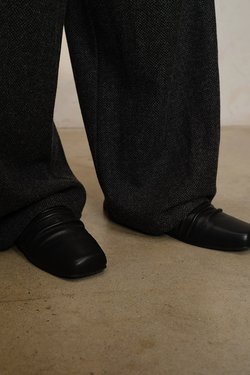 Black Leather Ruched Mules