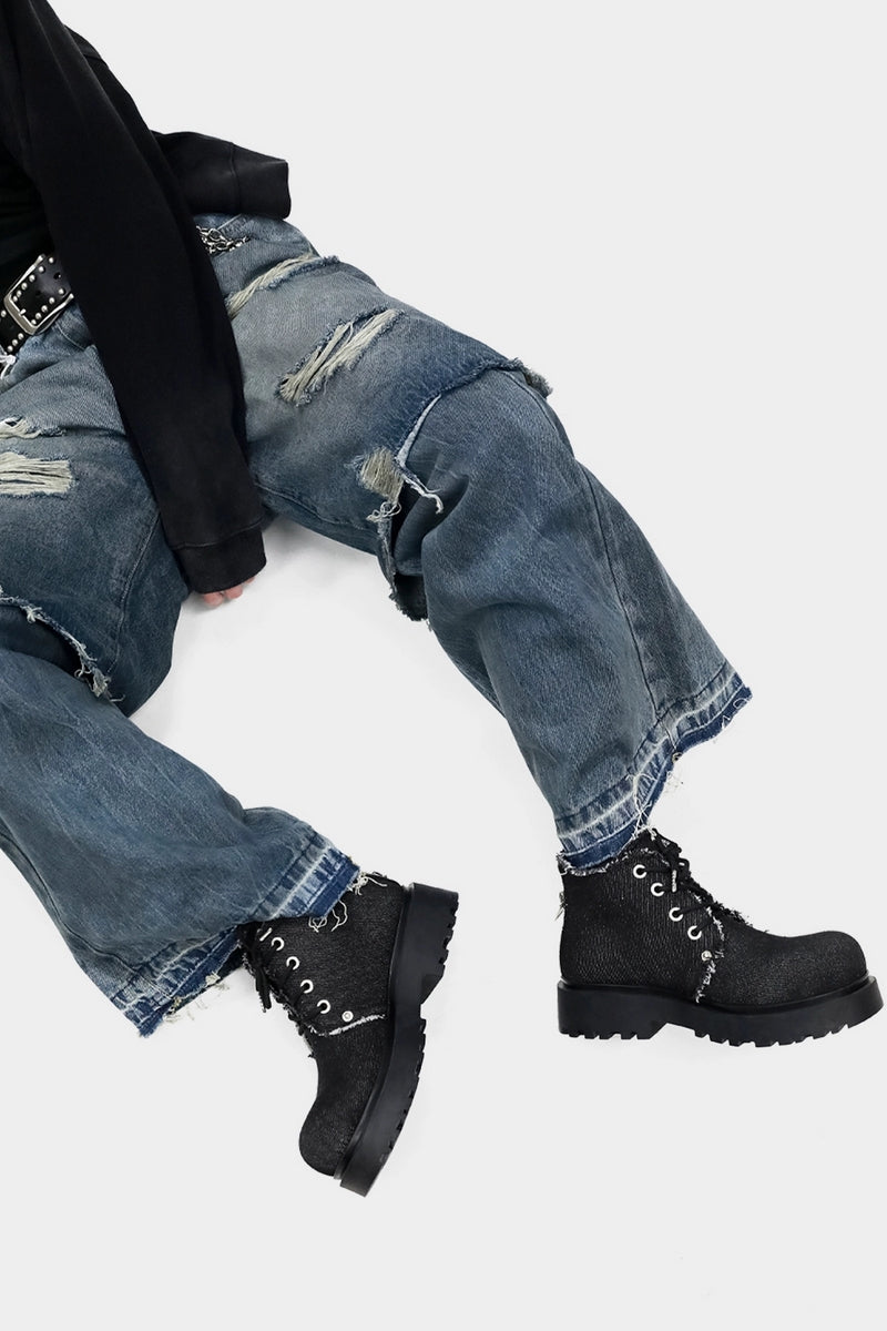 Distressed Denim Combat Boots