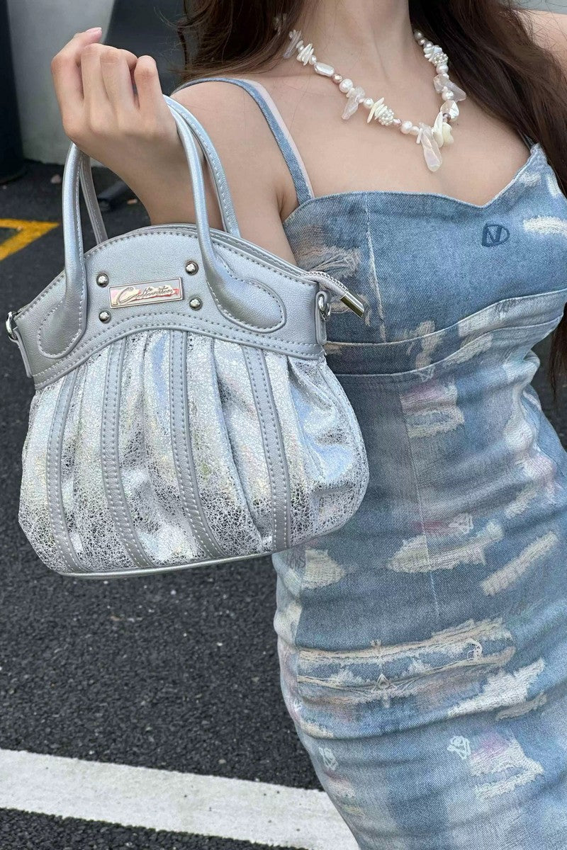 Metallic Pleated Satchel Handbag