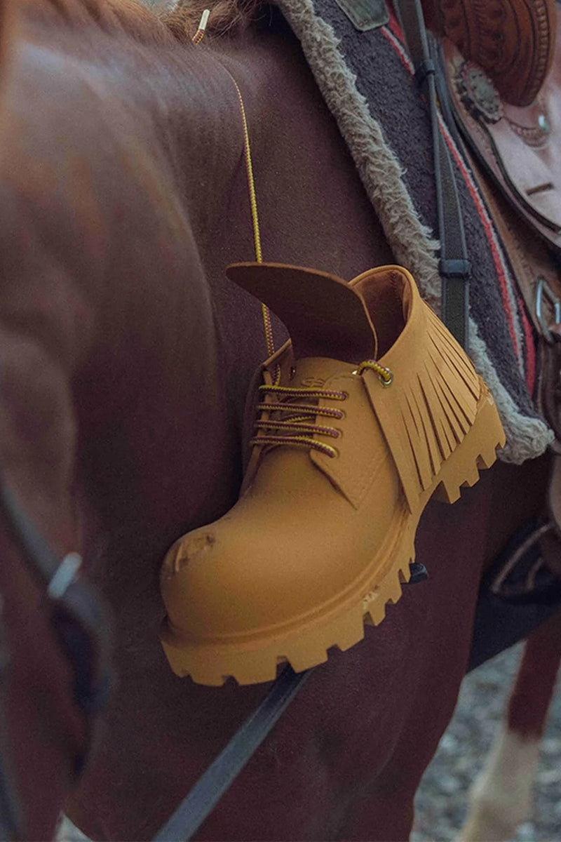 Tan Leather Platform Derby Shoes with Fringe Detail and Lug Sole