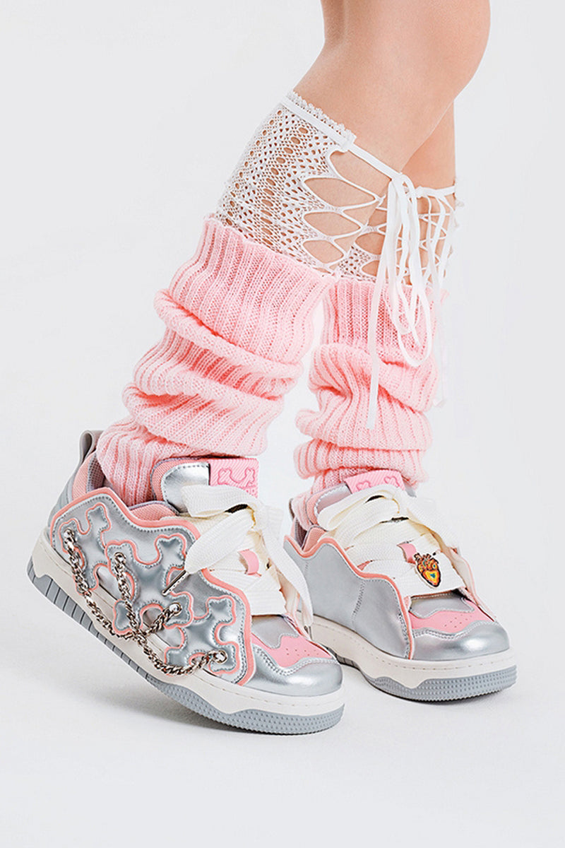 Silver Pink Chain Detail Platform Sneakers