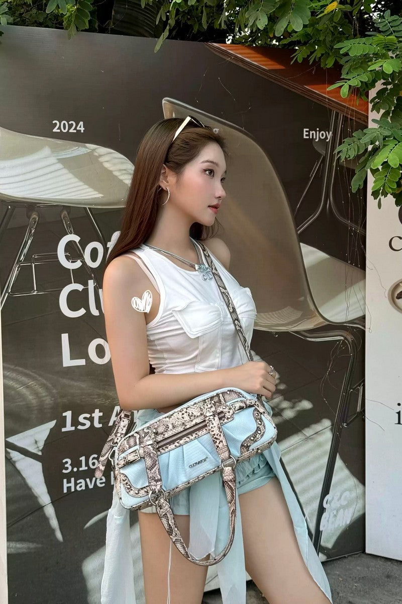 Snake Print Pleated Satchel Bag