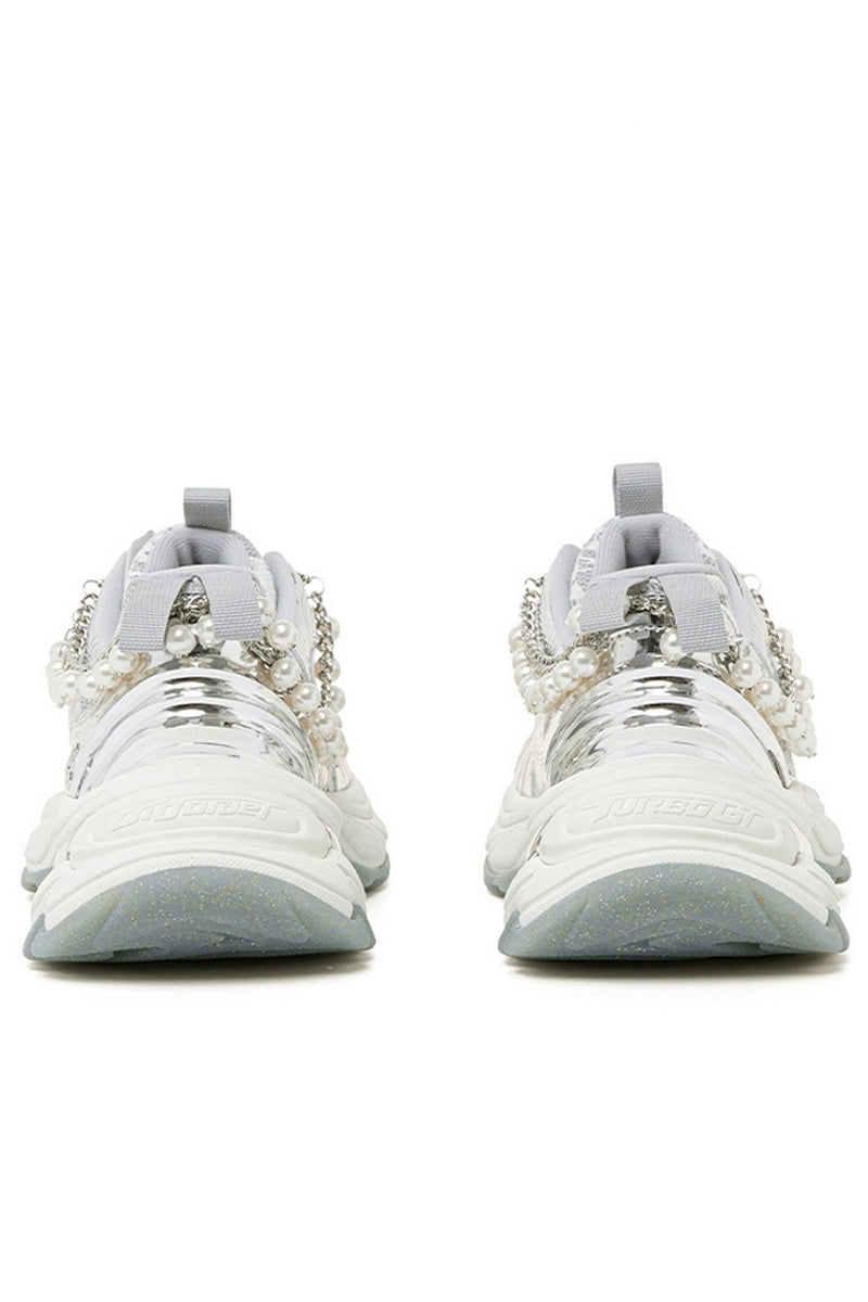 Pearl Decorated Metallic Chunky Sneakers Silver White