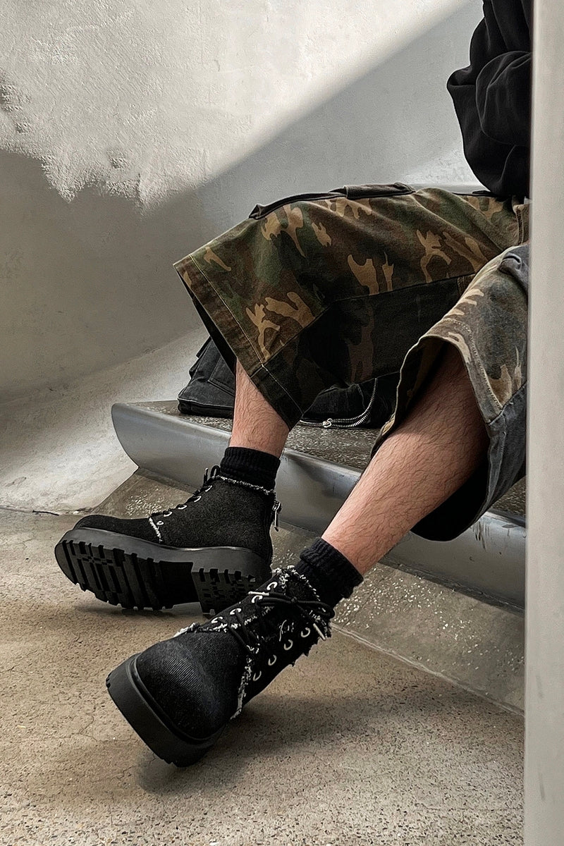 Distressed Denim Combat Boots