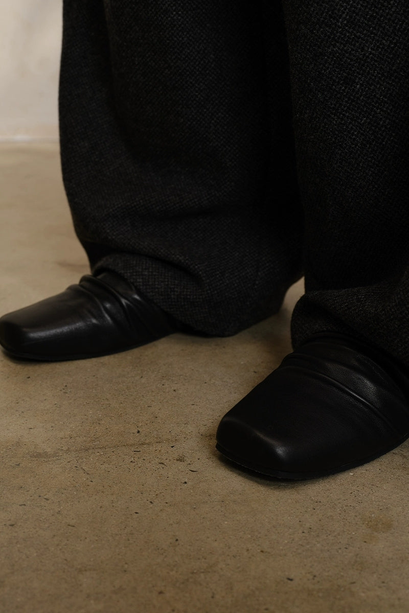 Black Leather Ruched Mules