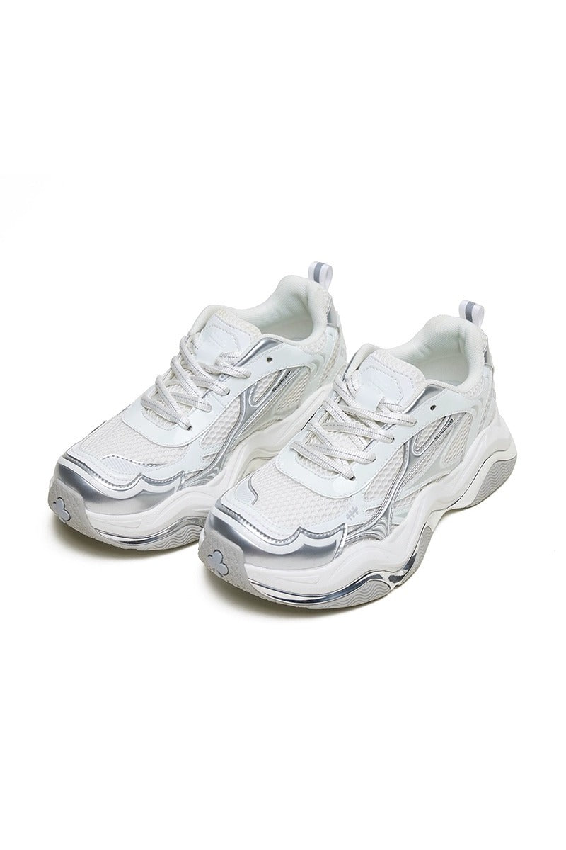 Metallic Wave Chunky Sneakers White Silver