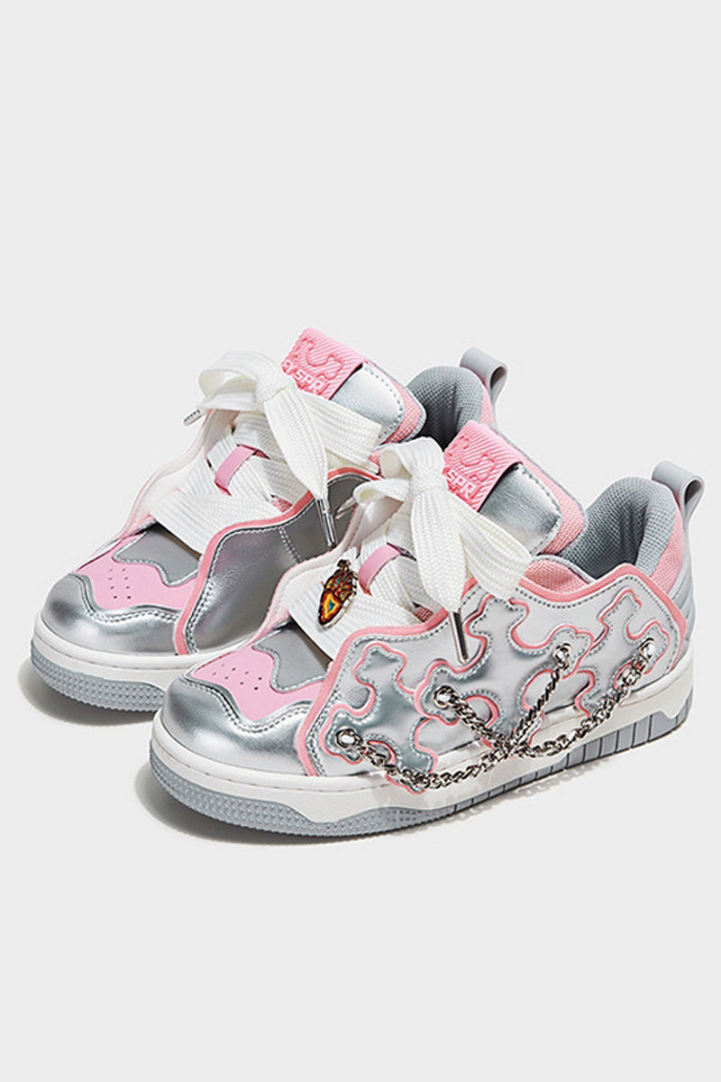 Silver Pink Chain Detail Platform Sneakers