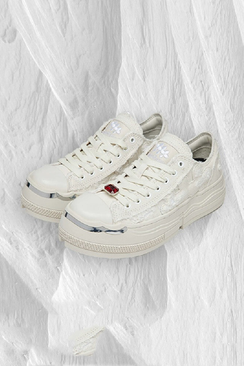 Textured Lace Platform Sneakers Triple White