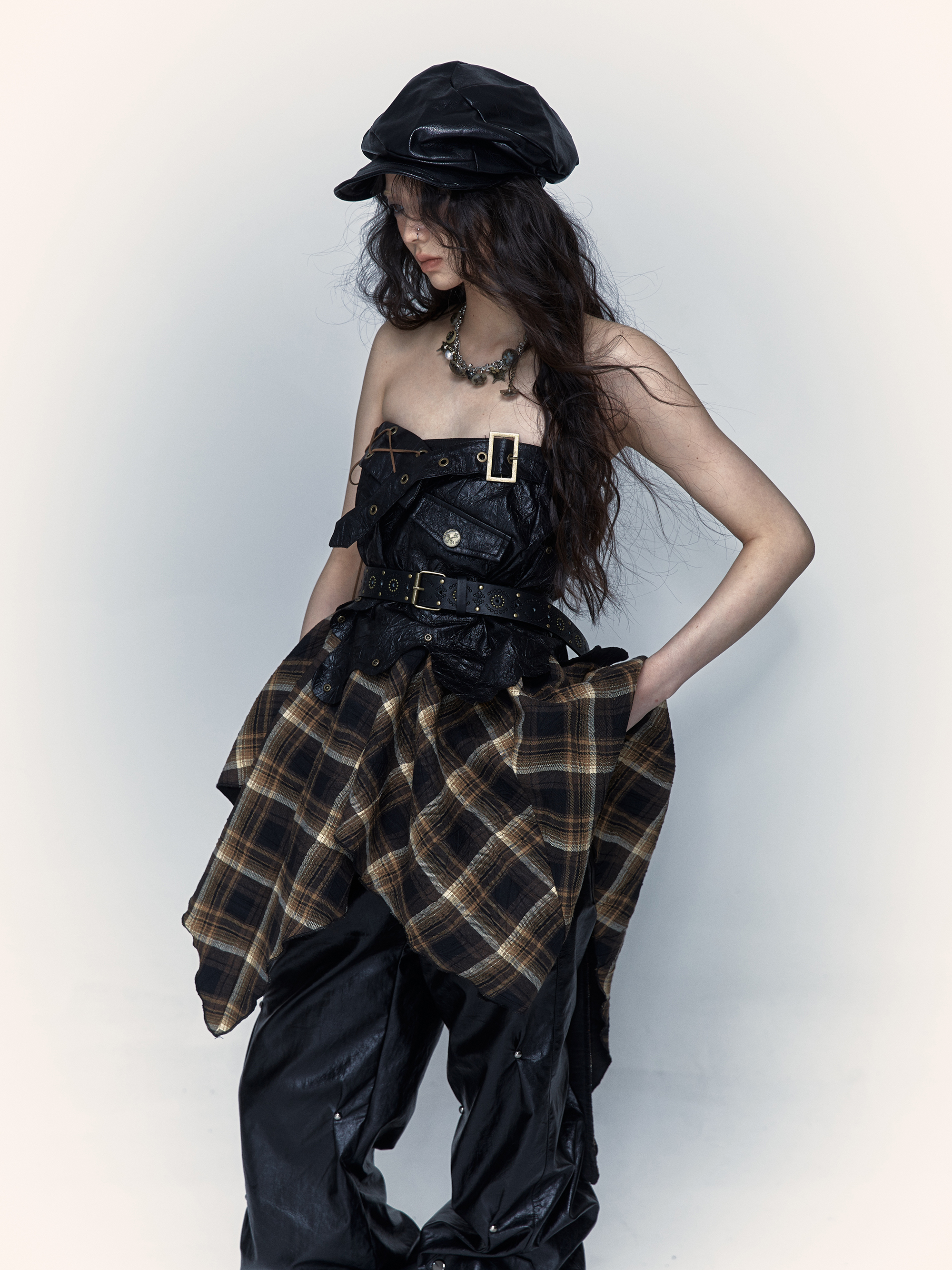 lace up tartan asymmetrical dress Edgy Red Tartan Dress With Zipper & Ruffle Details, Asymmetrical Punk - Inspired Plaid Sleeveless Dress
