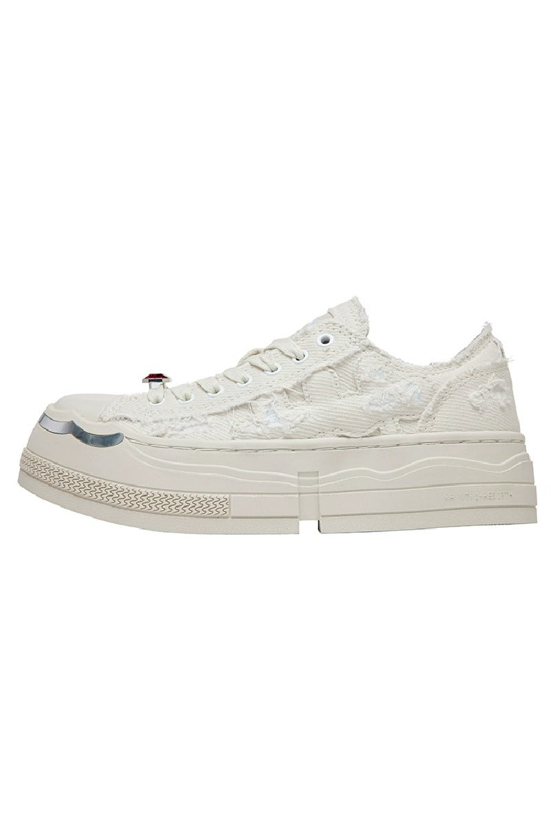 Textured Lace Platform Sneakers Triple White