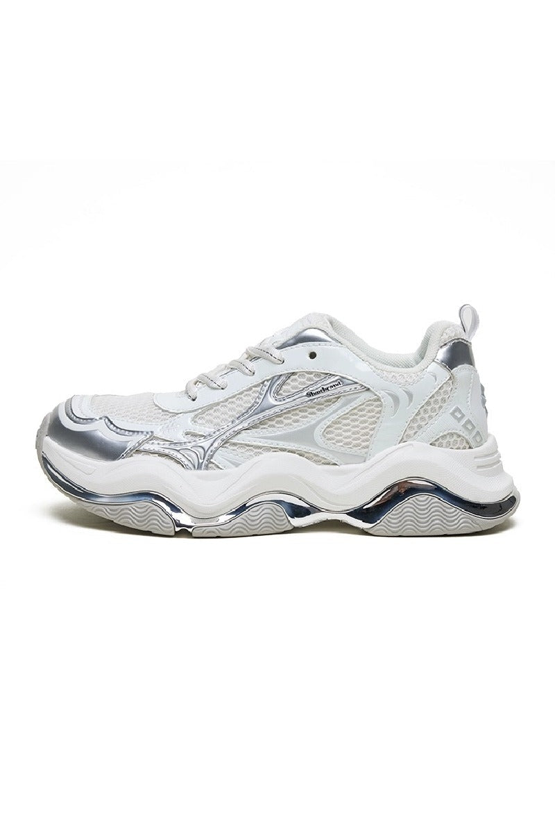 Metallic Wave Chunky Sneakers White Silver