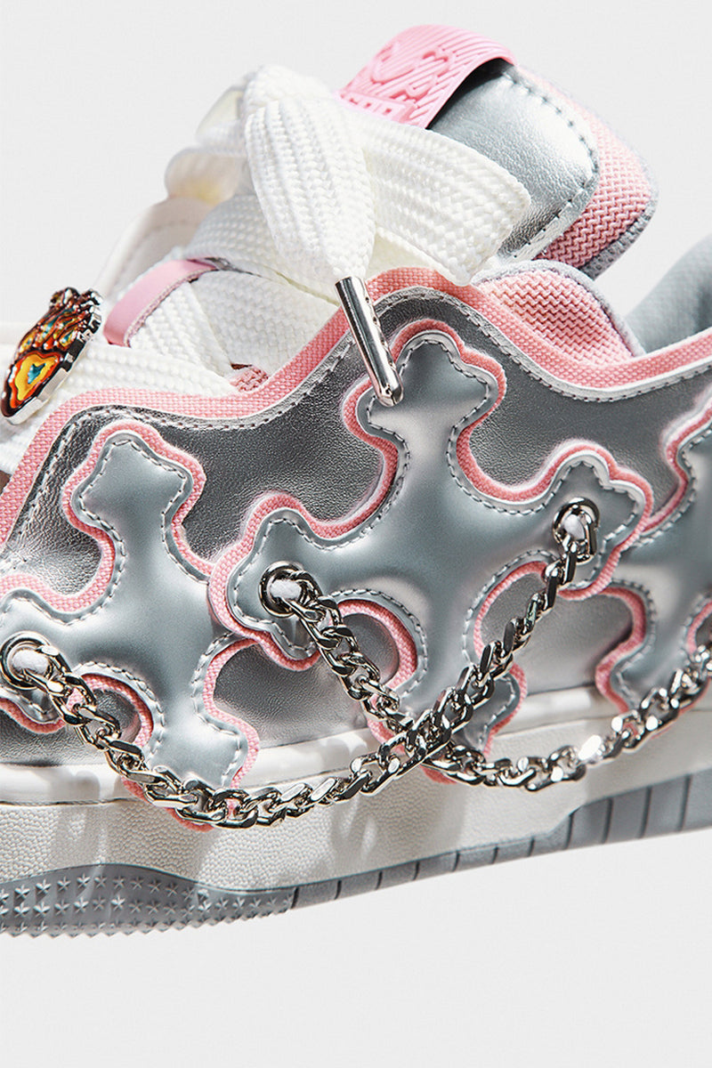 Silver Pink Chain Detail Platform Sneakers