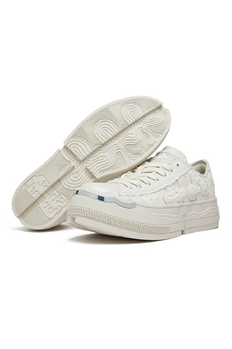 Textured Lace Platform Sneakers Triple White